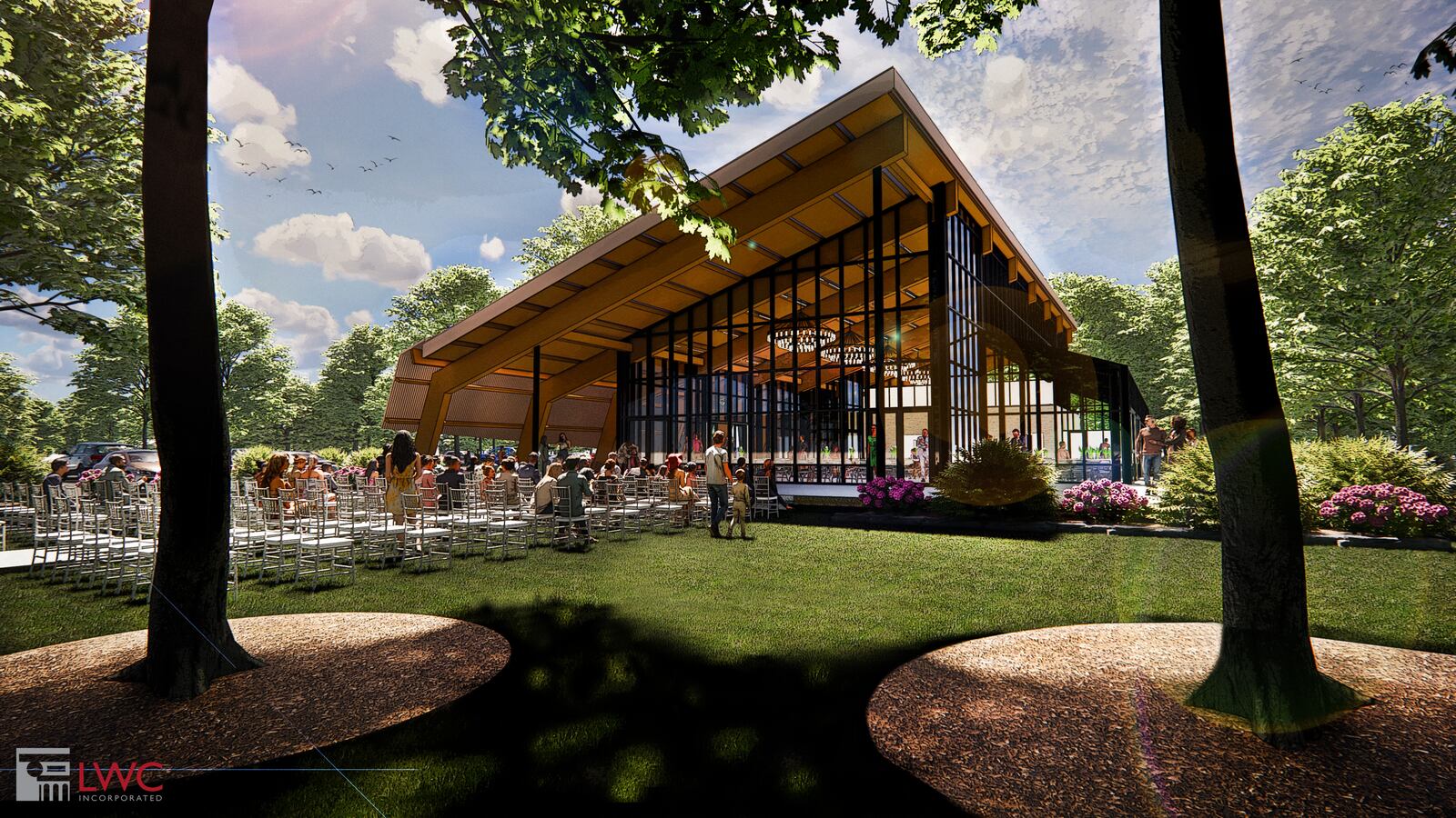 An exterior render of Benham's Grove event center, which is set to start construction in Centerville in April. CONTRIBUTED