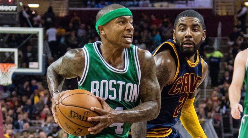 CLEVELAND, OH - NOVEMBER 03: Isaiah Thomas #4 of the Boston Celtics drives past Kyrie Irving #2 of the Cleveland Cavaliers during the second half at Quicken Loans Arena on November 3, 2016 in Cleveland, Ohio. The Cavaliers defeated the 128-122. NOTE TO USER: User expressly acknowledges and agrees that, by downloading and/or using this photograph, user is consenting to the terms and conditions of the Getty Images License Agreement. Mandatory copyright notice. (Photo by Jason Miller/Getty Images)
