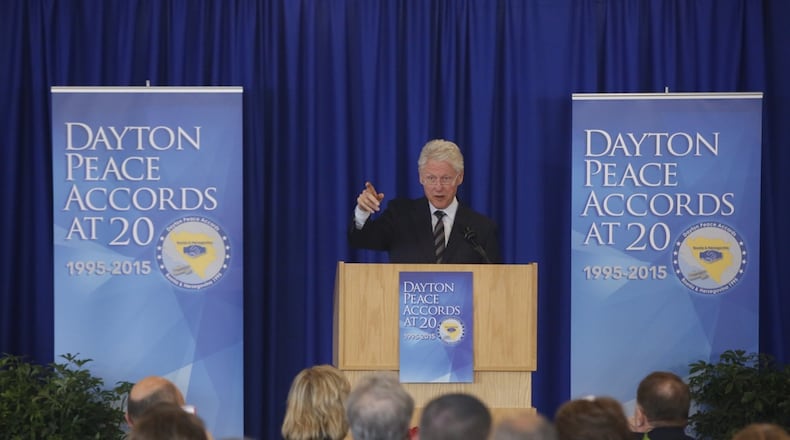 Bill Clinton arrives at the University of Dayton for the Dayton Peace Accords anniversary.