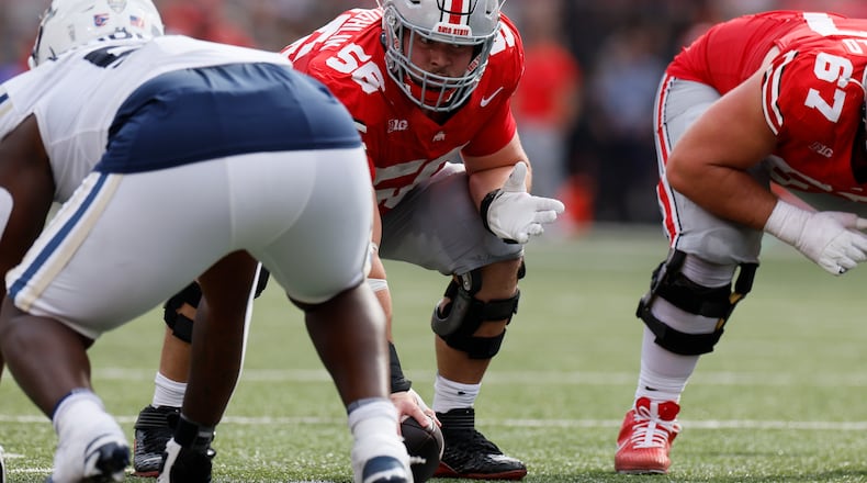 Ohio State offensive lineman Seth McLaughlin plays against Akron during an NCAA college football game, Aug. 31, 2024, in Columbus, Ohio. (AP Photo/Jay LaPrete, file)