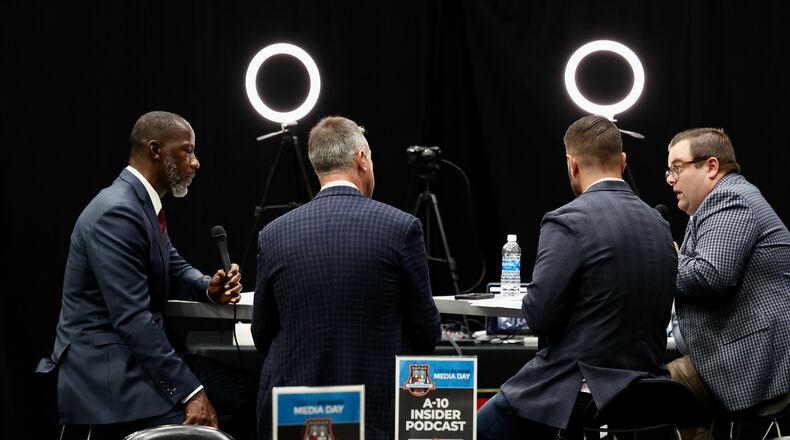 Dayton's Anthony Grant does an interview at Atlantic 10 Conference Media Day on Thursday, Oct. 13, 2022, at the Barclays Center in Brooklyn, N.Y. David Jablonski/Staff