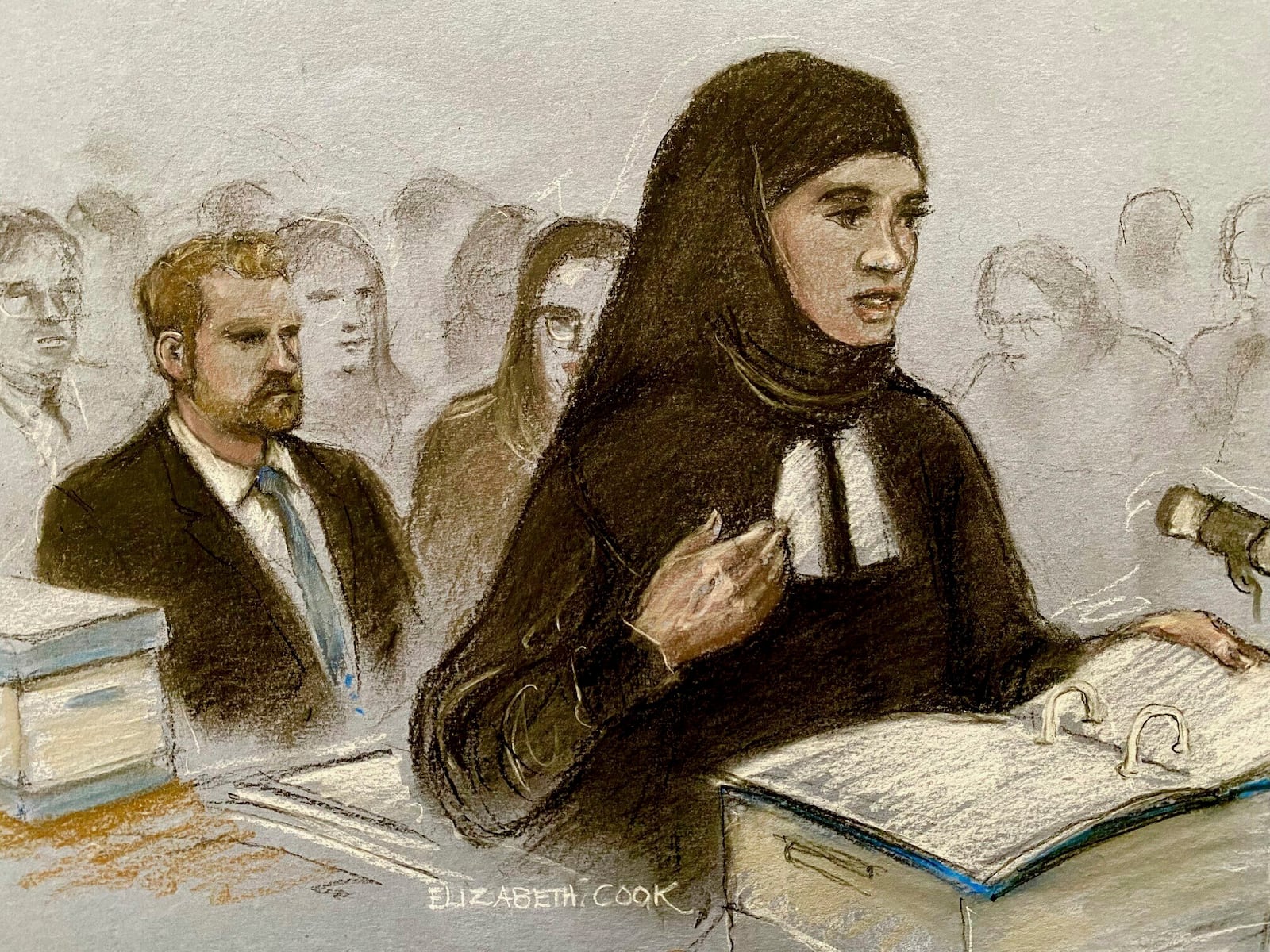 Court artist sketch by Elizabeth Cook of Shaheed Fatima KC, watched by the Prince Harry, left, during the hearing at the Royal Courts of Justice, central London, Tuesday, April 8, 2025, for his appeal against a High Court ruling on his legal claim against the Home Office. (Elizabeth Cook/PA via AP)