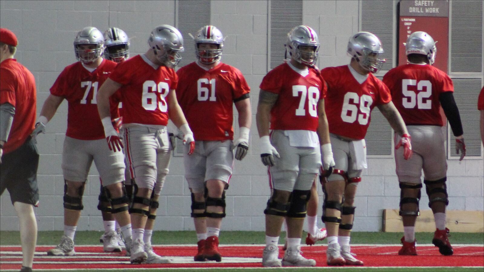 A look at the offensive line on the first day of spring practice 2018 at Ohio State. (Ryan Donnelly/Land of 10)