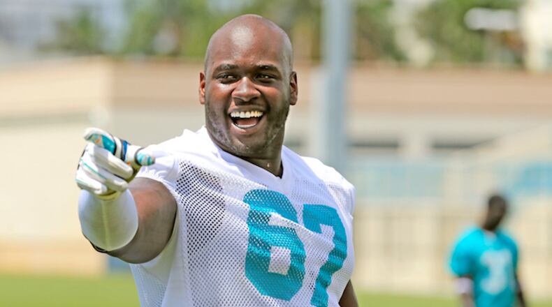 Miami Dolphins offensive lineman Laremy Tunsil (67) after a mini-camp practice at Doctors Hospital Training Facility at Nova Southeastern University in Davie, Fla., on June 16, 2016. (Al Diaz/Miami Herald/TNS)