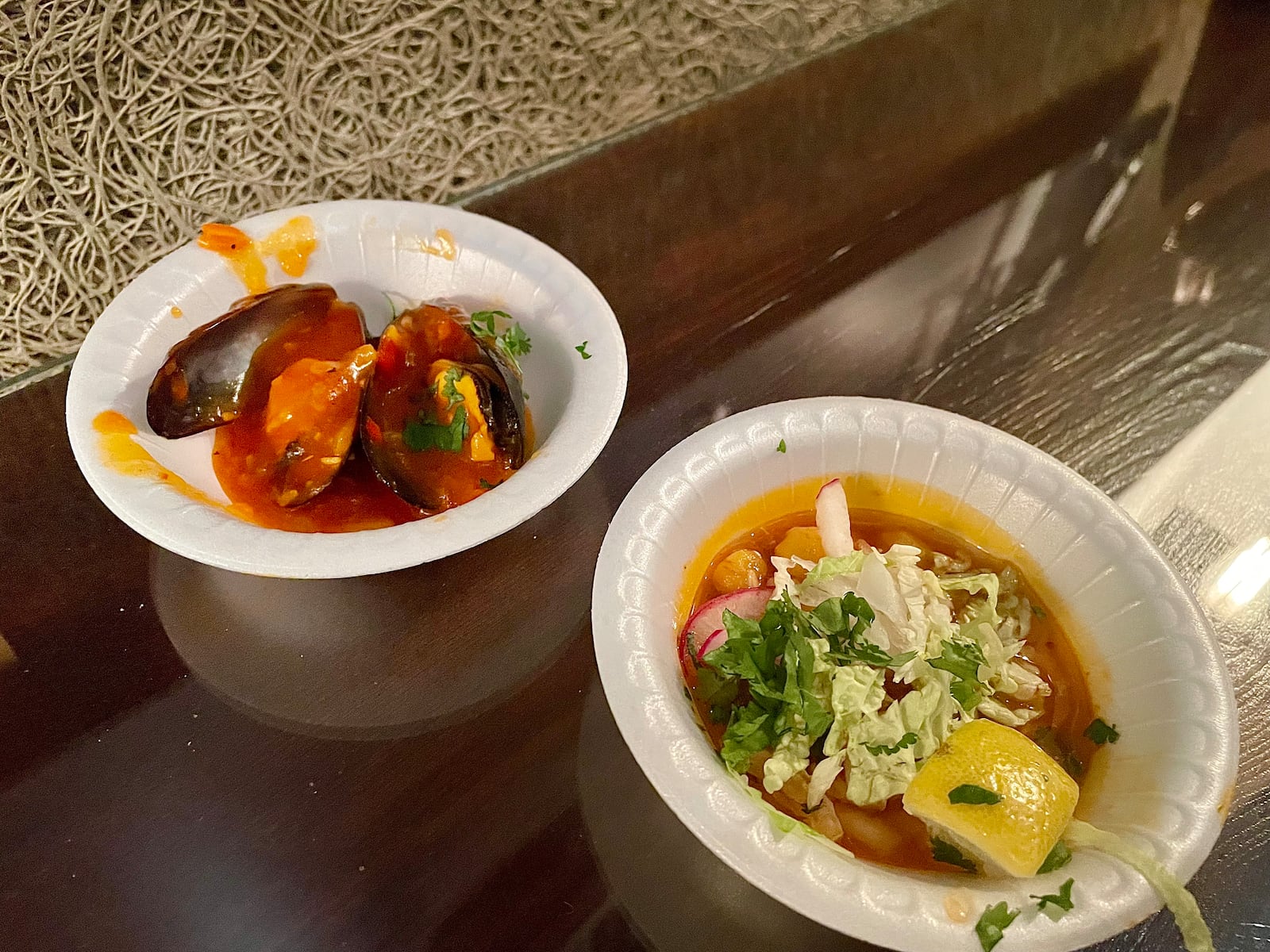 The Miami Valley Restaurant Association’s Sneak Peek to Winter Restaurant Week at The Steam Plant in Dayton featured 12 establishments serving unique dishes for foodies to try. Pictured is a Mussel Medley and Pork Pozole Rojo from El Meson in West Carrollton. NATALIE JONES/STAFF