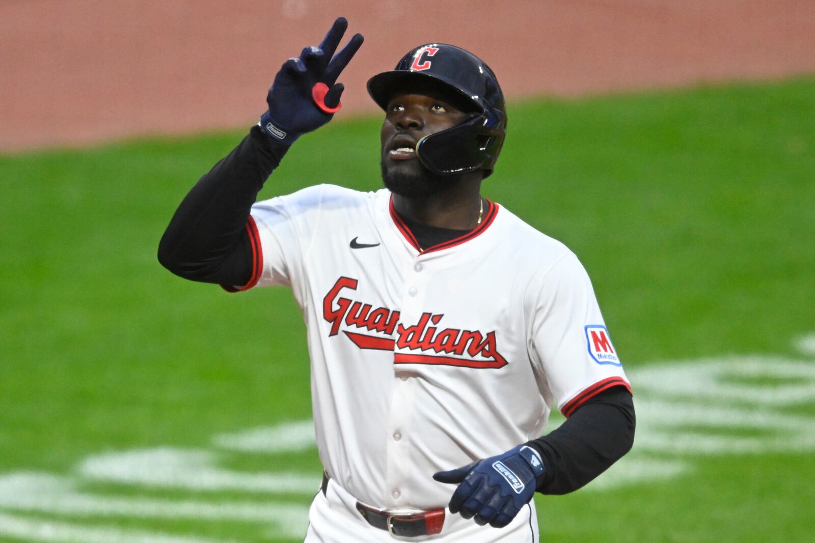 Cleveland Guardians' Jhonkensy Noel celebrates after his two-run home run against the Boston Red Sox during the fourth inning of the second baseball game of a doubleheader, Saturday, April 26, 2025, in Cleveland, (AP Photo/David Richard)