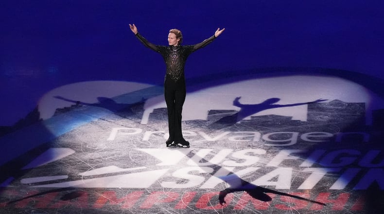Gold medalist Ilia Malinin arrives for the metal ceremony after the men's free skate competition at the U.S. Figure Skating Championships, Saturday, Jan. 10, 2026, in St. Louis. (AP Photo/Jeff Roberson)