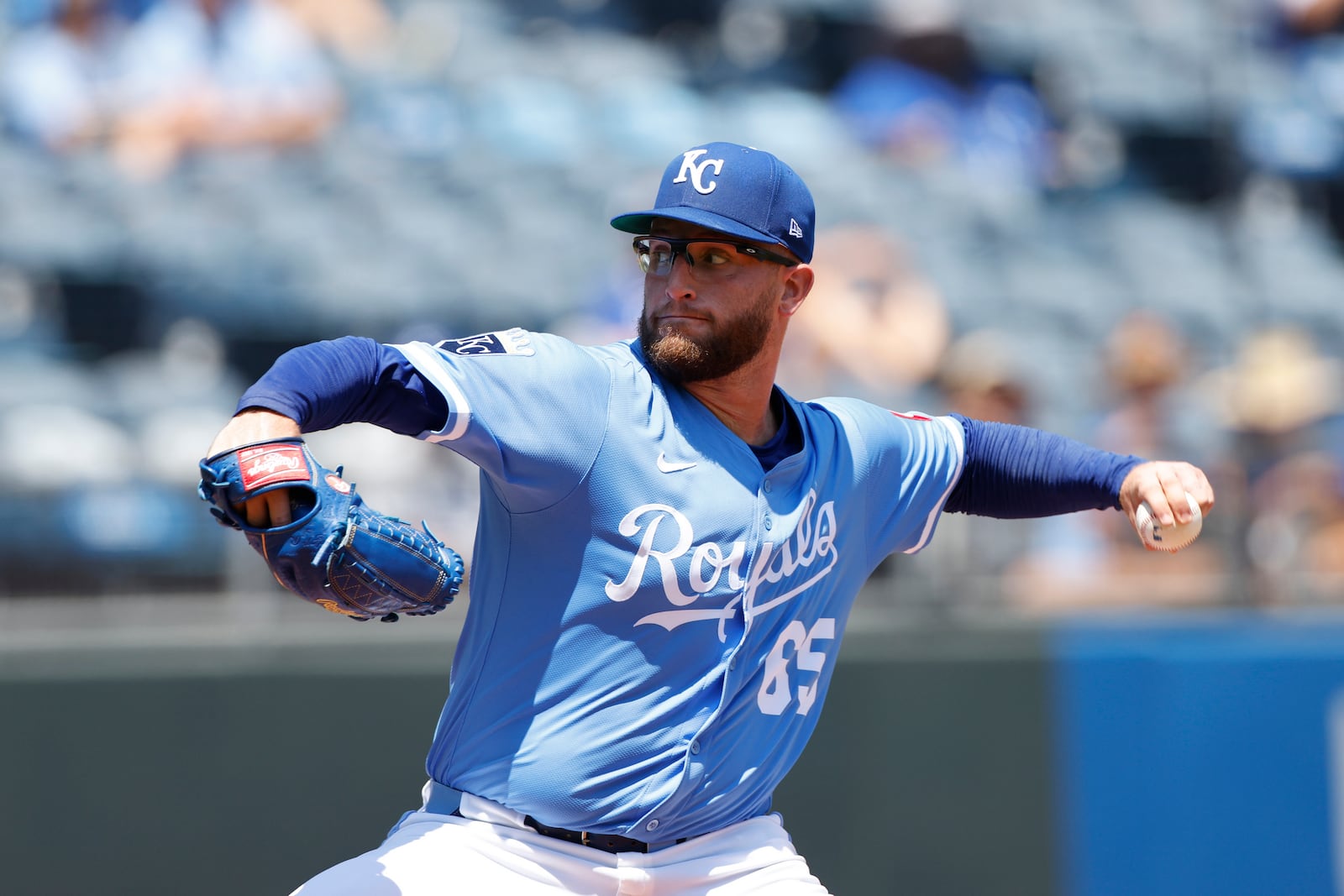 Kansas City Royals pitcher Noah Cameron delivers to a Cleveland Guardians batter during the first inning of a baseball game in Kansas City, Mo., Sunday, July 27, 2025. (AP Photo/Colin E. Braley)