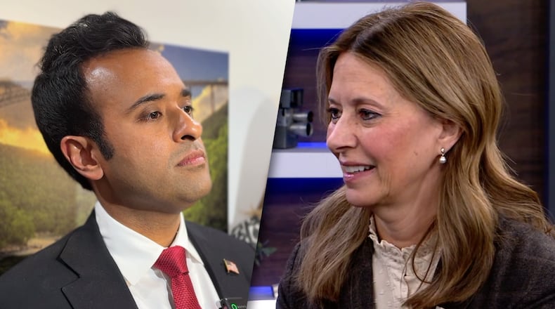 Pictured is Vivek Ramaswamy, left, and Amy Acton, right. MORGAN TRAU/WEWS