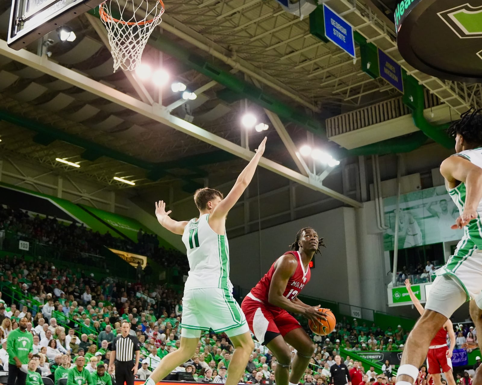 Miami’s Antwone Woolfolk looks for a shot against Marshall on Saturday, Feb. 7, 2026 at the Cam Henderson Center in Huntington, W. Va. NOAH MAURER / NM CREATIVE