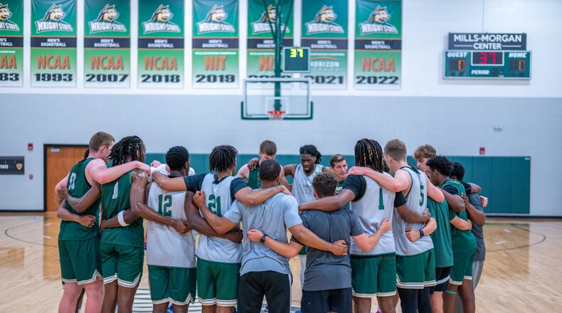 Wright State University men's basketball coach Clint Sargent talks to his team during a workout earlier this year. NICK PHILLIPS / WRIGHT STATE ATHLETICS