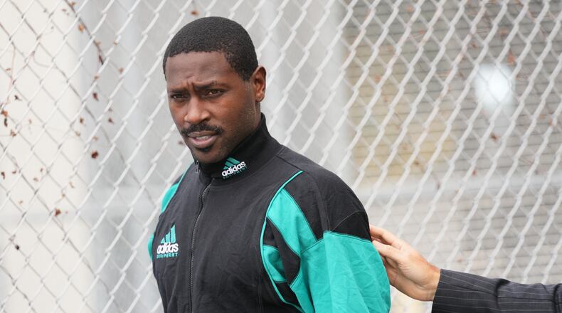 FILE - Former NFL star wide receiver Antonio Brown walks after being released from the Turner Guilford Knight Correctional Center, Nov. 13, 2025, in Miami. (AP Photo/Lynne Sladky, File)