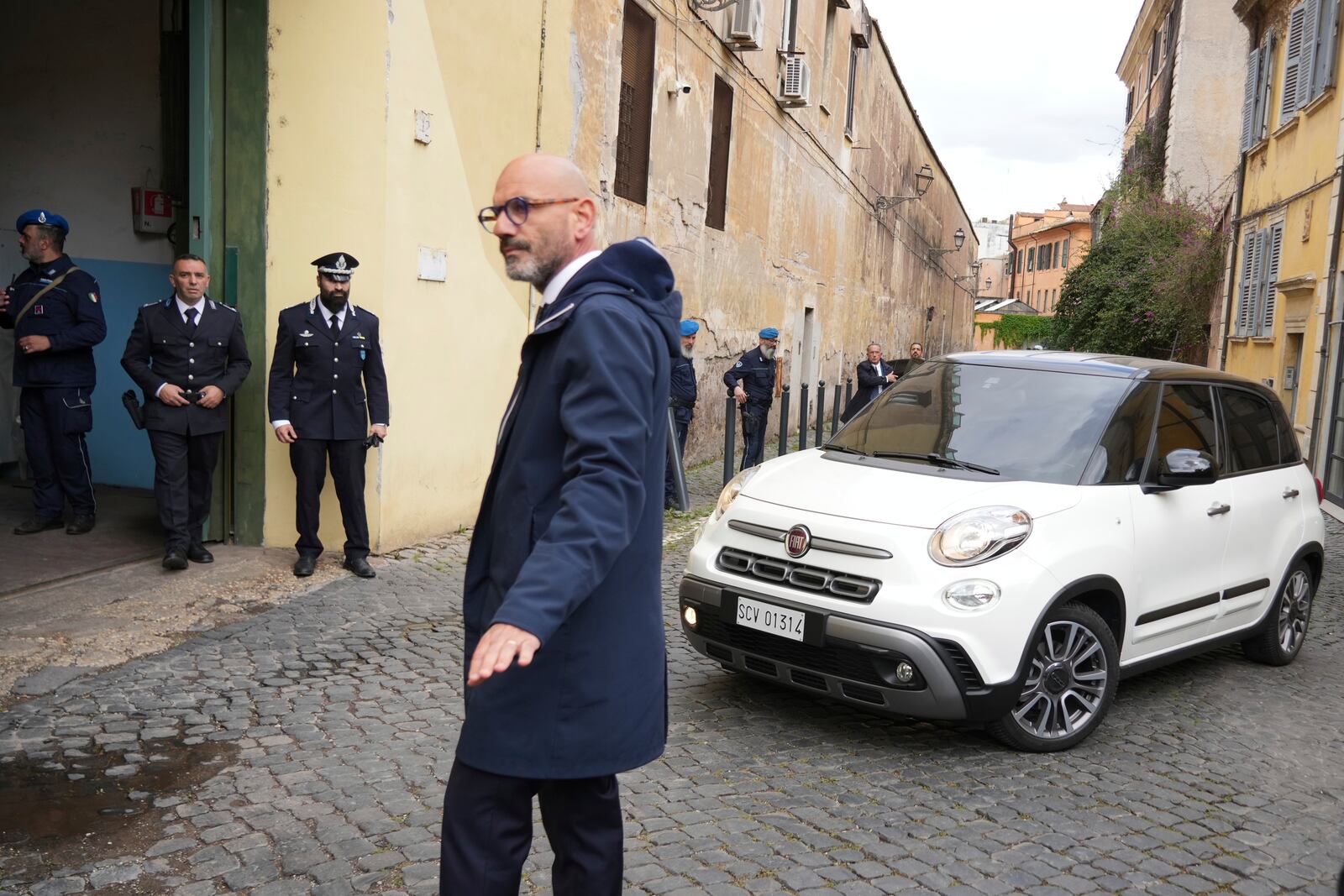 A car with Pope Francis enters the Regina Coeli penitentiary in Rome on Holy Thursday, Thursday, April 17, 2025. (AP Photo/Andrew Medichini)