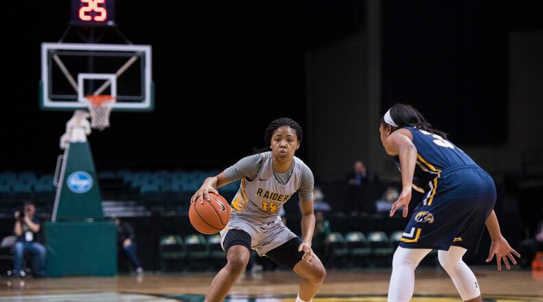 Wright State’s Angel Baker looks to make a move against Kent State earlier this season at the Nutter Center. Joseph Craven/CONTRIBUTED