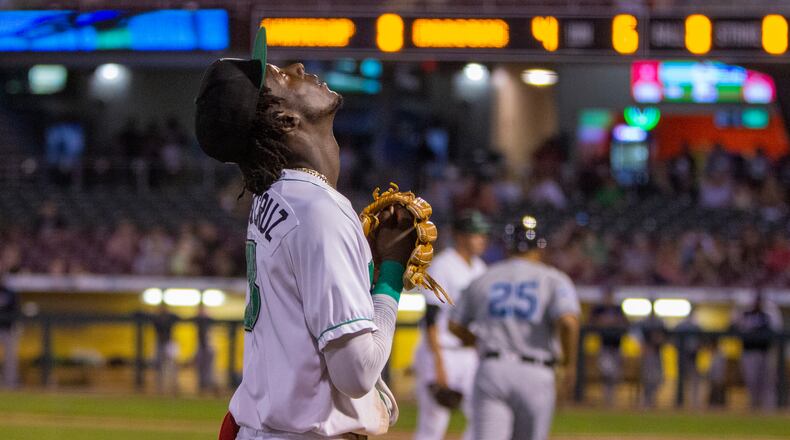 Dragons infielder Elly De La Cruz gives a thankful look up after a strikeout to end the sixth inning in the second game of Thursday's doubleheader split with West Michigan. De La Cruz hit three home runs in the two games. CONTRIBUTED/Jeff Gilbert