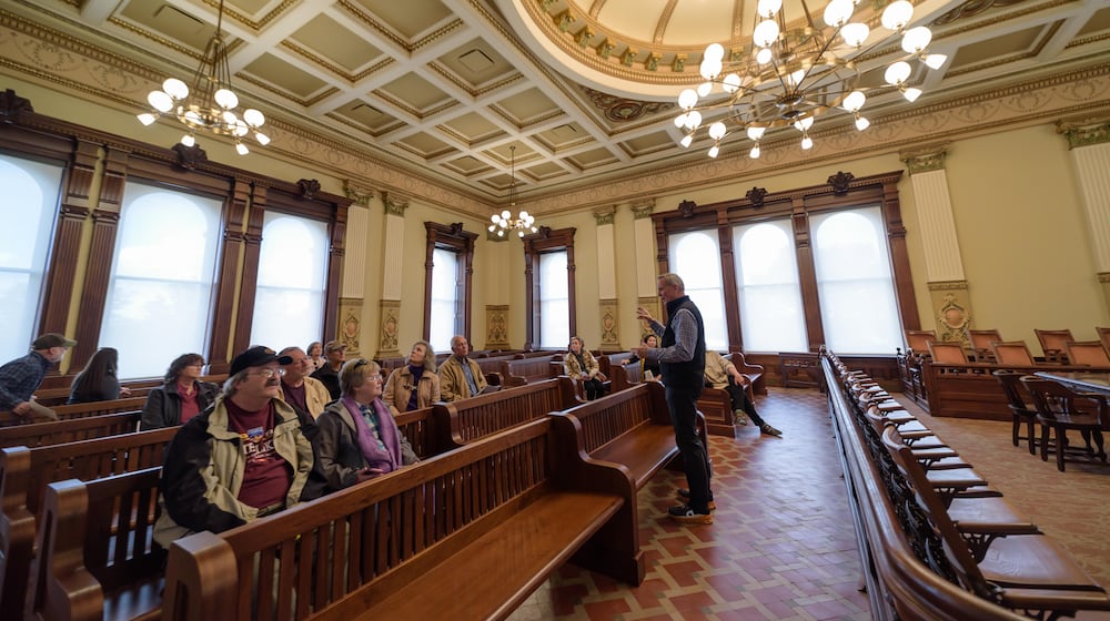 Troy Community Works hosted the Second Story Secrets tour in downtown Troy on Saturday, Nov. 1, 2025. Attendees of the ticketed self-guided tour visited rarely seen secret spaces and learned about the history of downtown buildings. Stops included the Troy Foundation, the Miami County Courthouse’s new restored Grand Municipal Courtroom, The Mayflower, Cherry Street Bottle Shop, IOOF Building, Mayo’s Hall, and the First Presbyterian Church’s Underground Railroad tunnel. TOM GILLIAM / CONTRIBUTING PHOTOGRAPHER