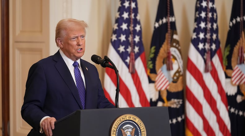 President Donald Trump speaks during a signing ceremony for the Laken Riley Act in the East Room of the White House in Washington, on Wednesday, Jan. 29, 2025. The act directs the authorities to detain and deport immigrants who are accused — not yet convicted — of specific crimes, if they are in the country illegally. (Doug Mills/The New York Times)
