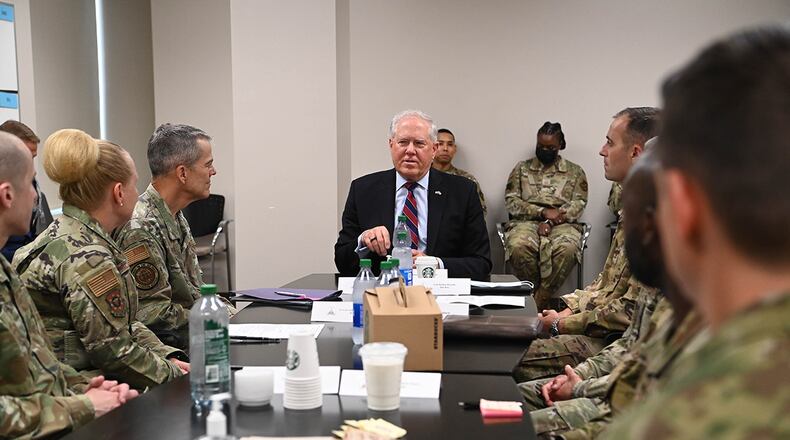 Secretary of the Air Force Frank Kendall speaks with Joint Base Andrews senior leaders about PTSD Awareness Month at Joint Base Andrews, Maryland, June 24. . U.S. AIR FORCE PHOTO/AIRMAN 1ST CLASS ISABELLE CHURCHILL