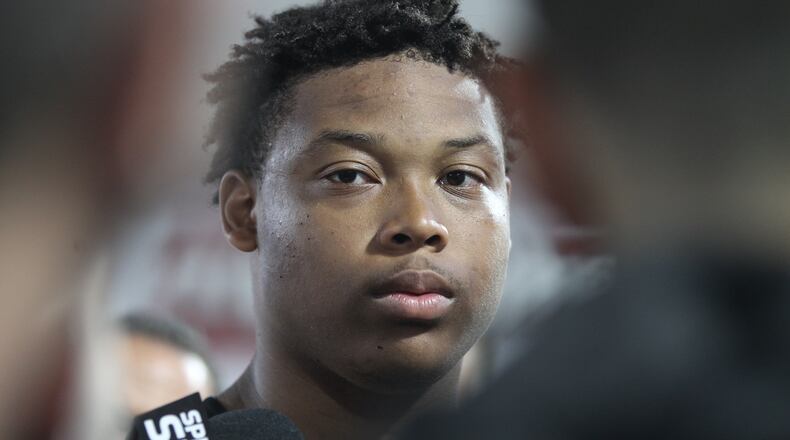 Ohio State's Michael Jordan talks to reporters after practice on Monday, Aug. 7, 2017, at the Woody Hayes Athletic Center in Columbus. David Jablonski/Staff