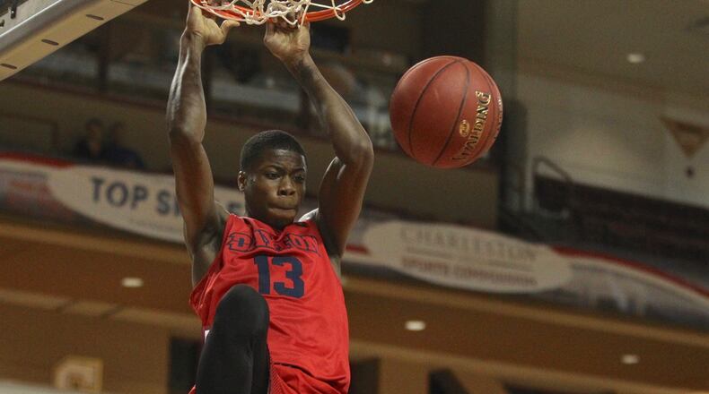 Dayton’s Kostas Antetokounmpo dunks against Hofstra in the second half on Thursday, Nov. 16, 2017, at TD Bank Arena in Charleston, S.C.
