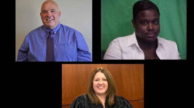 Artemis Center's 2019 The Peacekeeper Awards were given to former teacher Todja Stirtmire (top right), Montgomery County Juvenile Court Magistrate Nikole Xarhoulacos (top left) and Dayton police Sgt. Gary Lowe (bottom).
