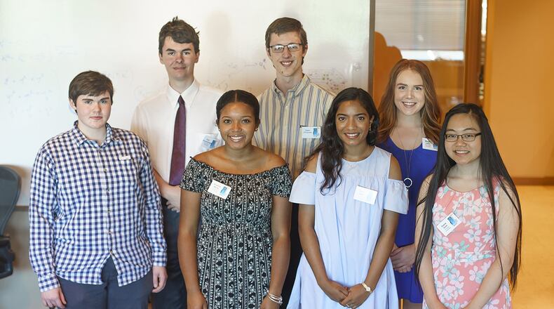 Recipients of the Wright-Patterson Air Force Base Educational Fund 2018 Academic Achievement scholarships include (back row, left to right): Paul Rosenberger, Owen O’Conner, Megan Kafka; (front row, left to right): Katherine Slonaker, Kristina White, Sarah John, Diana Dinh; (not pictured): Camille Butkus and Hannah Stumpfl.
