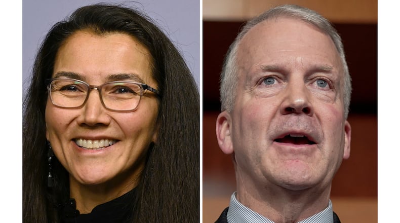 This photo combination shows Democratic Rep. Mary Peltola, Oct. 10, 2024, in Anchorage, Alaska and Sen. Dan Sullivan, R-Alaska, Feb. 8, 2024, on Capitol Hill in Washington. (Bill Roth, Mariam Zuhaib/Anchorage Daily News via AP/AP, file)