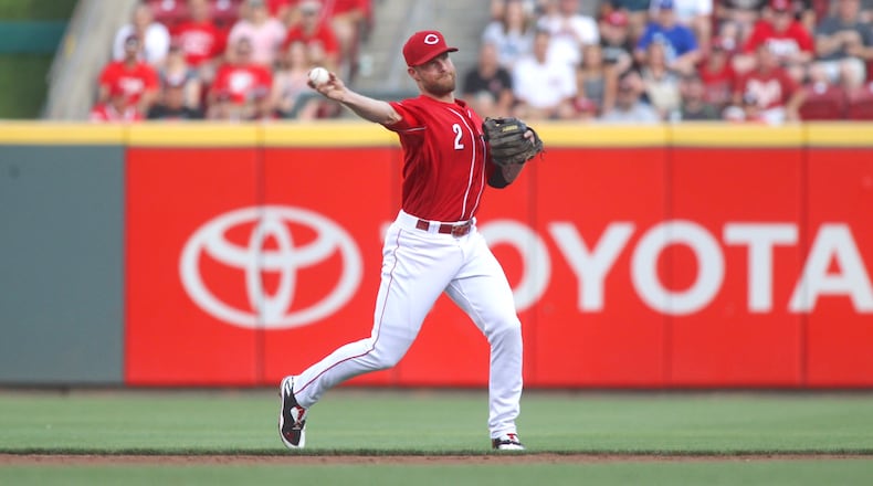 Reds shortstop Zack Cozart throws to first for an out against the Dodgers on Friday, June 16, 2017, at Great American Ball Park in Cincinnati.