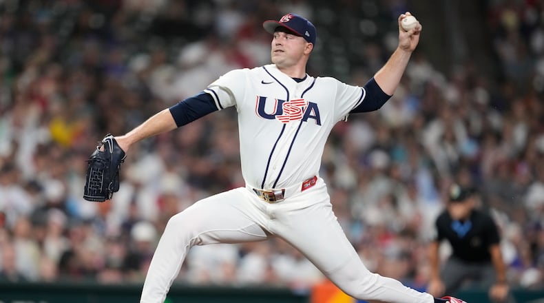 United States starting pitcher Tarik Skubal throws during the first inning of a World Baseball Classic game against Britain, Saturday, March 7, 2026, in Houston. (AP Photo/Ashley Landis)