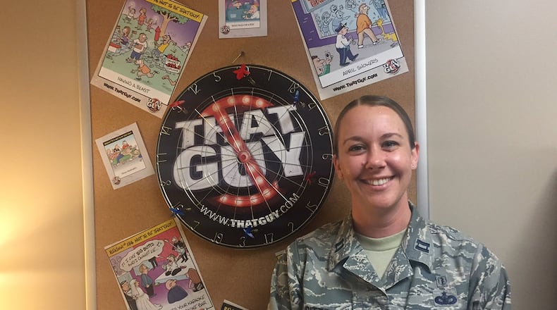 Capt. Crystal Ditto, licensed clinical social worker, Alcohol and Drug Abuse Prevention and Treatment Program manager and Intensive Outpatient Program manager at Wright-Patterson Air Force Base, offers healthy ways to cope with stress. ‘That Guy’ is the Department of Defense’s resource for responsible drinking for military service members. (Skywrighter photo/Amy Rollins)