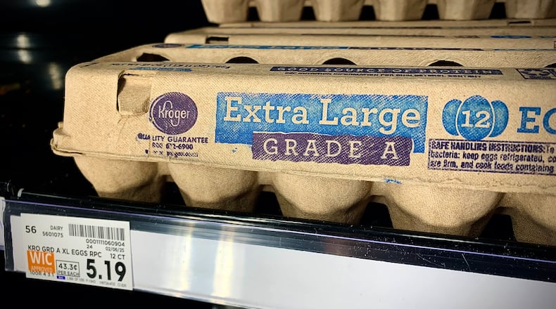 The price is $5.19 for one dozen Grade A extra large eggs, Tuesday, Feb. 18, 2025, at a Kroger store. MARSHALL GORBY\STAFF