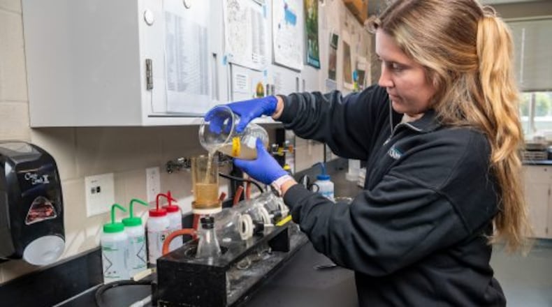 Morgan Jutte, a research assistant and lab manager, conducting water quality testing at Lake Campus’ Agriculture and Water Quality Education Center. (Photos Courtesy of Wright State, by Erin Pence)