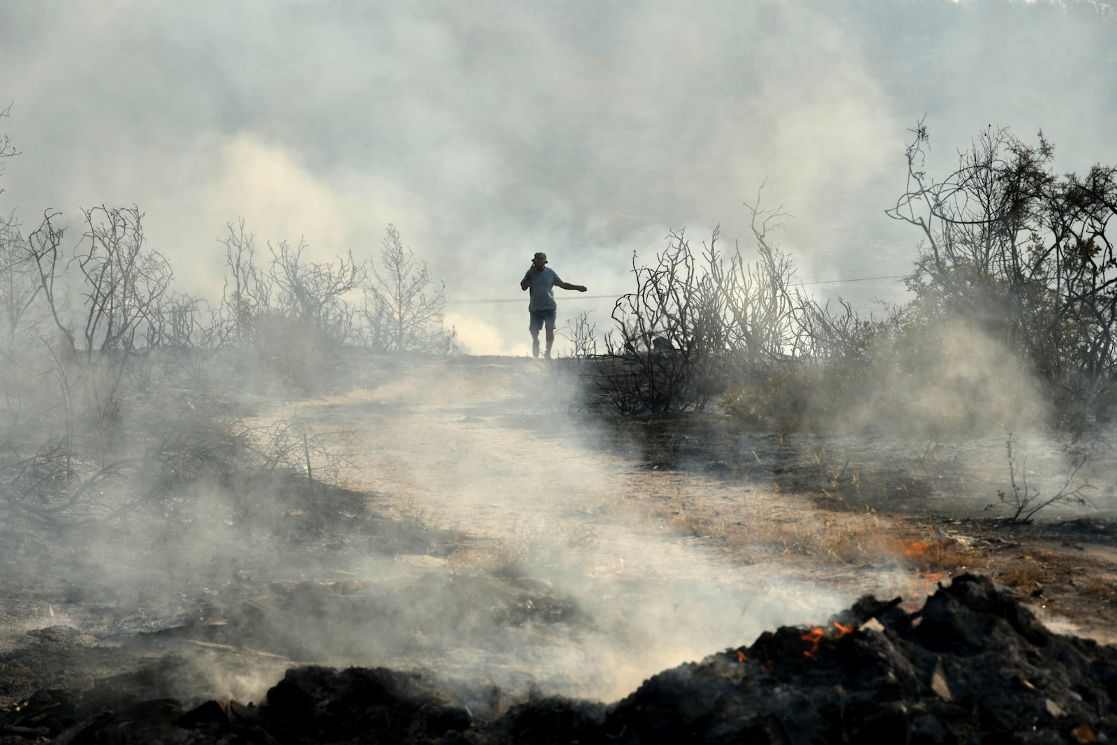 A man speaking on his cellphone walks through a burned area in Souni village, Cyprus, during a massive wildfire on the southern side of the east Mediterranean island nation's Troodos mountain range, Thursday, July 24, 2025. (AP Photo/Petros Karadjias)
