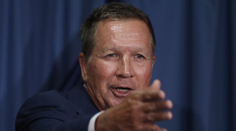Ohio Gov. John Kasich speaks during a news conference with Colorado Gov. John Hickenlooper at the National Press Club in Washington, Tuesday, June 27, 2017, about Republican legislation overhauling the Obama health care law. (AP Photo/Carolyn Kaster)