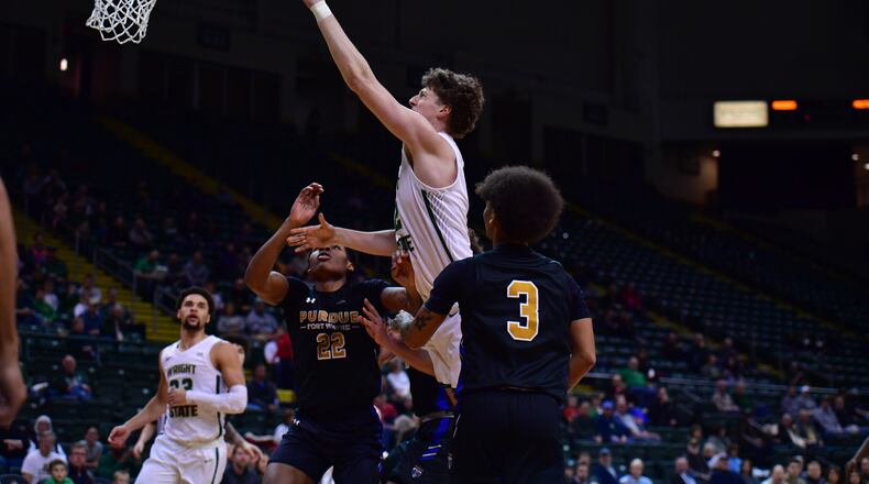 Wright State's A.J. Braun scores inside during a game vs. Purdue Fort Wayne at the Nutter Center on Feb. 28, 2024. Joe Craven/Wright State Athletics
