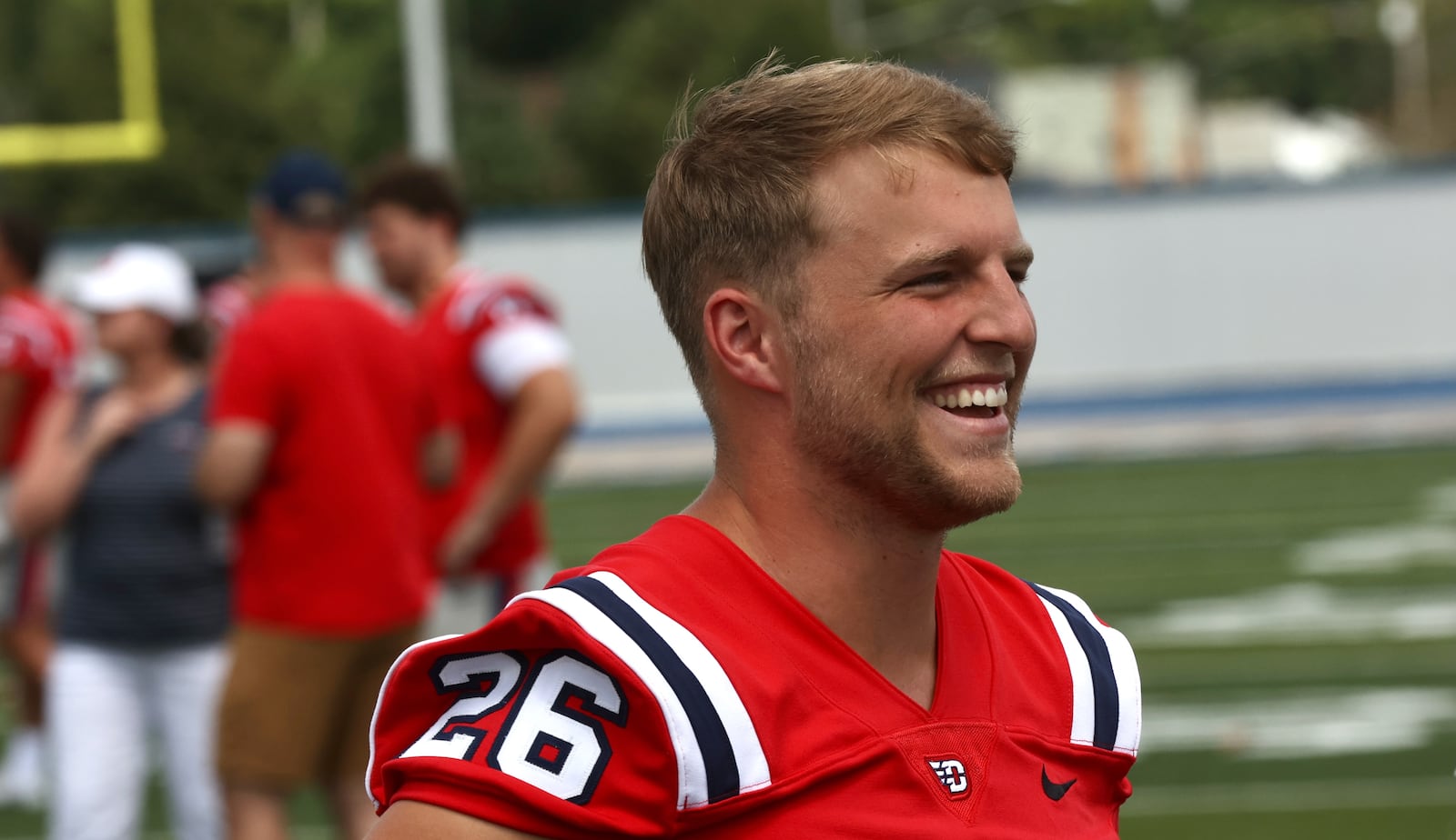 Dayton's Levi Moell appears at Media Day on Aug. 17, 2025, at Welcome Stadium. David Jablonski/Staff