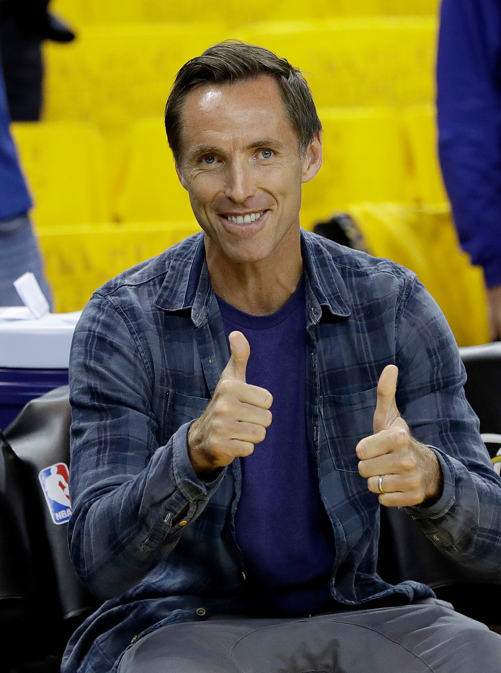 FILE - Steve Nash gestures before Game 5 of basketball's NBA Finals between the Golden State Warriors and the Cleveland Cavaliers in Oakland, Calif., Monday, June 12, 2017. The Brooklyn Nets hired Steve Nash as their coach Thursday, Sept. 3, 2020. (AP Photo/Marcio Jose Sanchez, File)