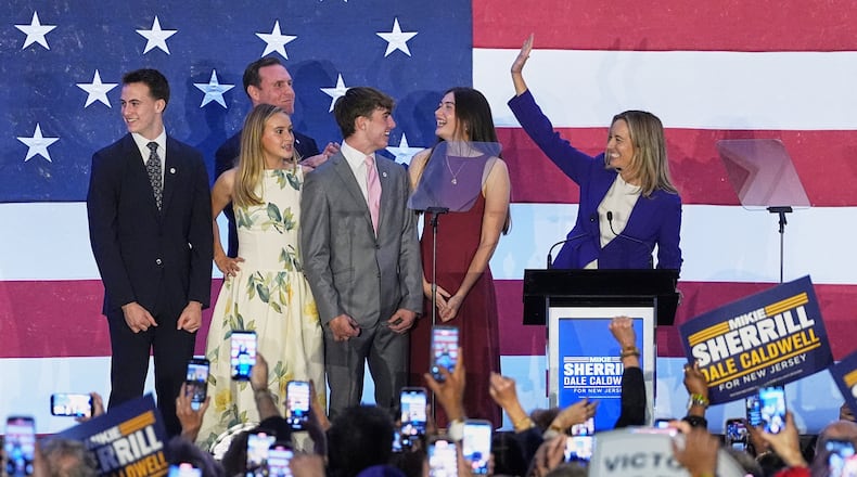 New Jersey Democratic gubernatorial candidate Mikie Sherrill speaks during an election night party in East Brunswick, N.J., Tuesday, Nov. 4, 2025. (AP Photo/Matt Rourke)
