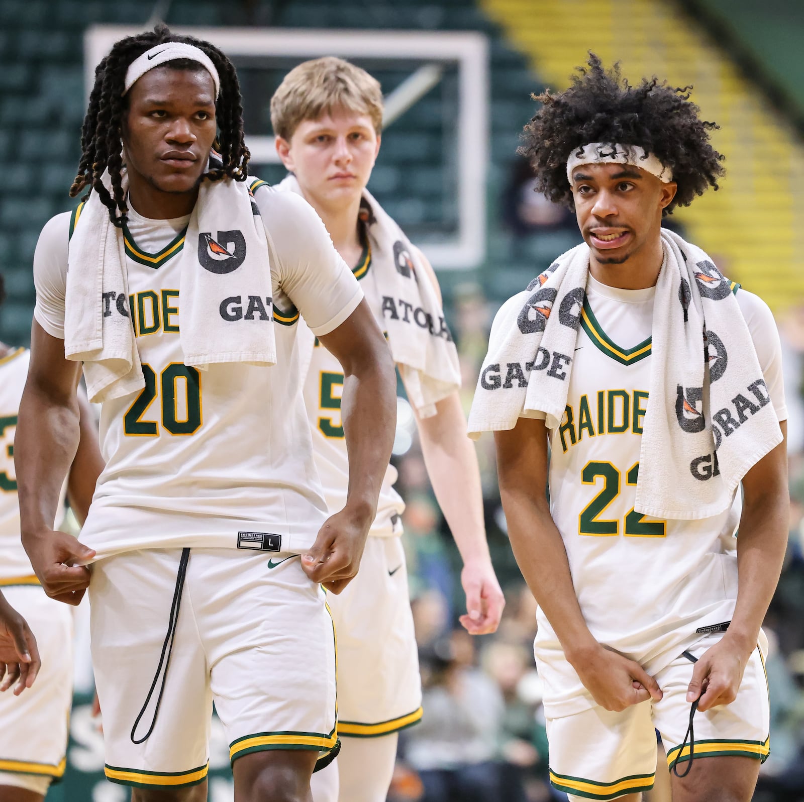 Wright State guard TJ Burch (right) and forward Andrea Holden react after a late foul was called in a 77-74 loss to Detroit Mercy on Thursday, Feb. 12 at Ervin J. Nutter Center. The Raiders were outscored 10-2 over the last five minutes. BRYANT BILLING / STAFF