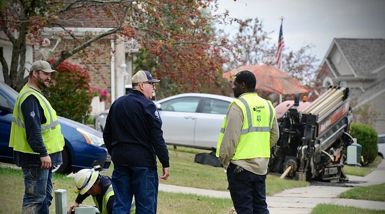 CenterPoint Energy crews repair a gas line that was struck on Weston Drive in Fairborn Tuesday, October 17, 2023. Several homes were evacuated. MARSHALL GORBY \STAFF