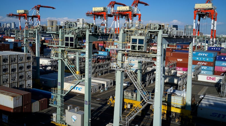 Tokyo Container Terminal is seen in Tokyo on Wednesday Feb. 19, 2025. (AP Photo/Eugene Hoshiko)