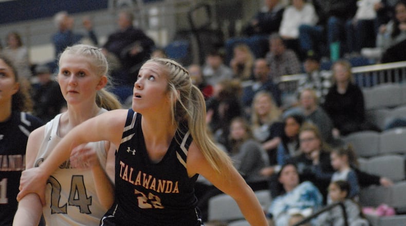 Talawanda junior Myah Keene (22) boxes out Edgewood freshman Ella Allen (24) during a game earlier this season. Chris Vogt/CONTRIBUTED