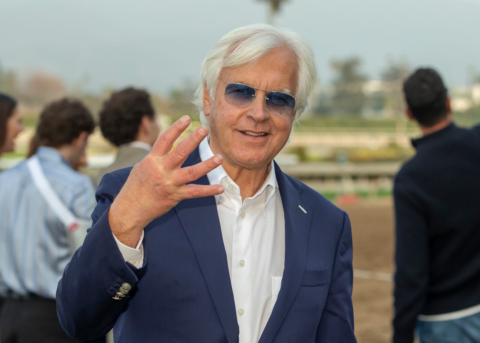 FILE - In this image provided by Benoit Photo, trainer Bob Baffert celebrates his fourth win of the day after Richi won the Grade III $100,000 Las Flores Stakes horse race, Saturday, Jan. 4, 2025, at Santa Anita Park in Arcadia, Calif. (Benoit Photo via AP, File)