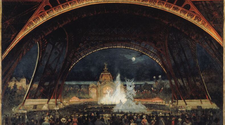 “Paris 1900” will be on view in Cincinnati through May 12. Pictured is Alexandre-Georges Roux’s “Nighttime Festivities at the International Exhibition of 1889 under the Eiffel Tower.” Credit: Musee Carnavalet, Paris.