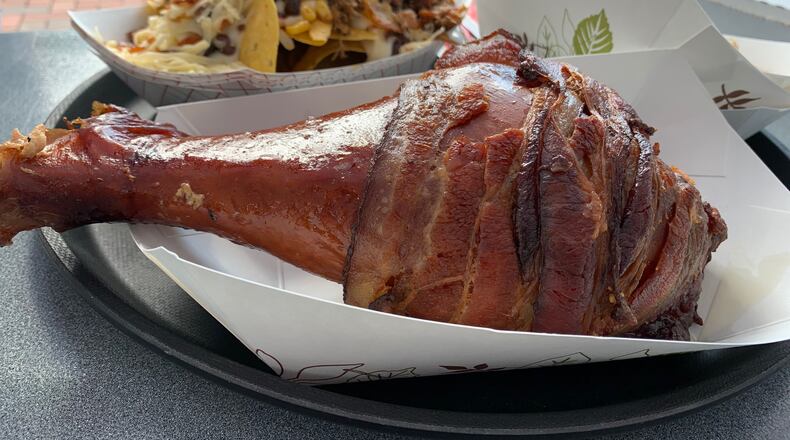 The bacon wrapped turkey leg and pulled pork bacon nachos from Amber Rose were a crowd favorite and judges favorite this year at Bacon Fest at The Fraze. CONTRIBUTED/ALEXIS LARSEN