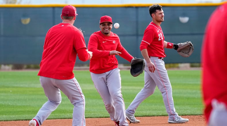 Cincinnati Reds shortstop Noelvi Marte, center, runs drills during an MLB spring training baseball practice, Friday, Feb. 17, 2023, in Goodyear, Ariz. (AP Photo/Matt York)