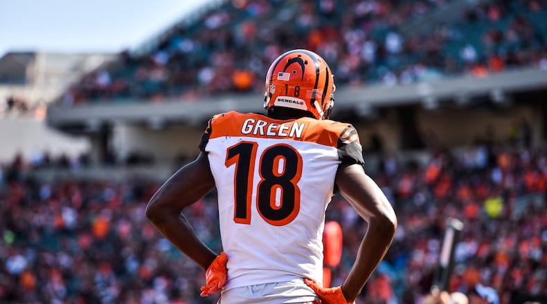 The Cincinnati Bengals wide receiver A.J. Green walks back to the sideline after the ball is thrown away on a fourth down play during their 20-0 loss to the Baltimore Ravens Sunday, Sept. 10 at Paul Brown Stadium in Cincinnati. NICK GRAHAM/STAFF