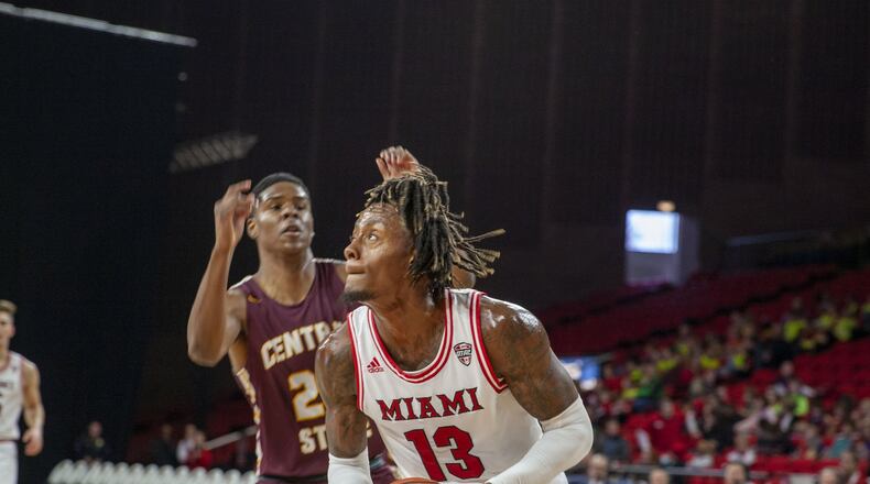 Miami’s Dalonte Brown looks to put up a shot against Central State on Wednesday, Nov. 20, 2019, at Millett Hall. Miami Univeristy photo