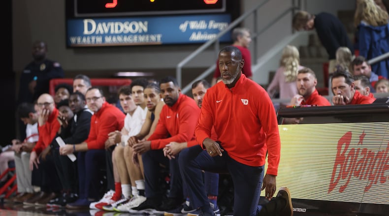 Dayton's Anthony Grant coaches during a game against Davidson on Saturday, Dec. 31, 2022, at Belk Arena in Davidson, N.C. David Jablonski/Staff