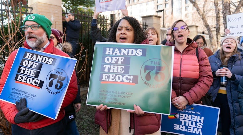 Members of the 75 Million coalition rally outside of the Equal Employment Opportunity Commission (EEOC) agency's headquarters Thursday, Jan. 22, 2026, in Washington, opposing the Equal Employment Opportunity Commission's move to rescind its 2024 Enforcement Guidance on Harassment in the Workplace. (AP Photo/Jose Luis Magana)